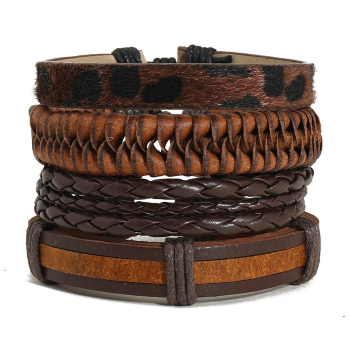 Vintage Handmade Braided Cowhide Bracelet DIY 4 Piece Set, Unisex Rope Wristband Bangle