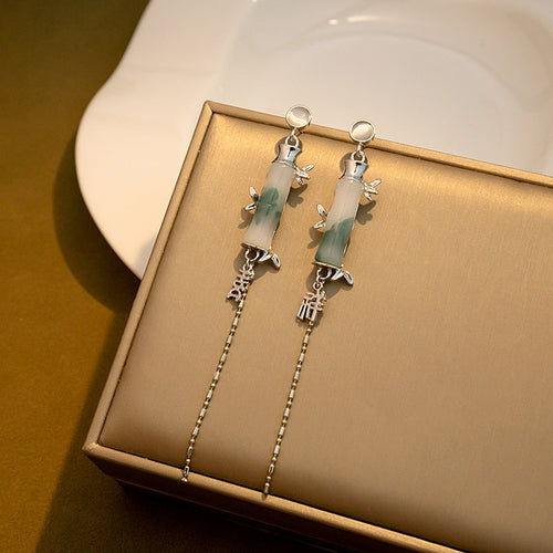 Elegant Vintage Chinese Style Bamboo Jade Cat Eye Stone Alloy Long Chain Tassel Drop Stud Earrings