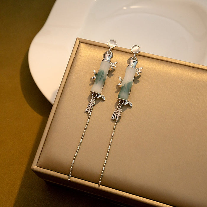 Elegant Vintage Chinese Style Bamboo Jade Cat Eye Stone Alloy Long Chain Tassel Drop Stud Earrings