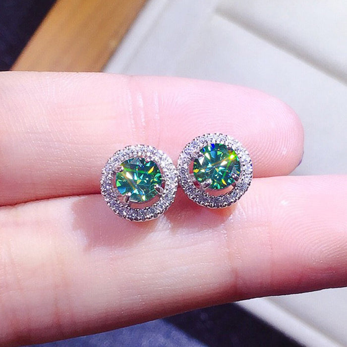 Copper Inlaid Eight Hearts Eight Arrows Blue Green Zircon Stud Earrings For Women