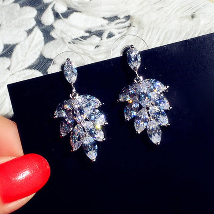 Bridal Leaf Drop Earrings With Zircon, European Simple Long Wedding Dangle Earrings For Women
