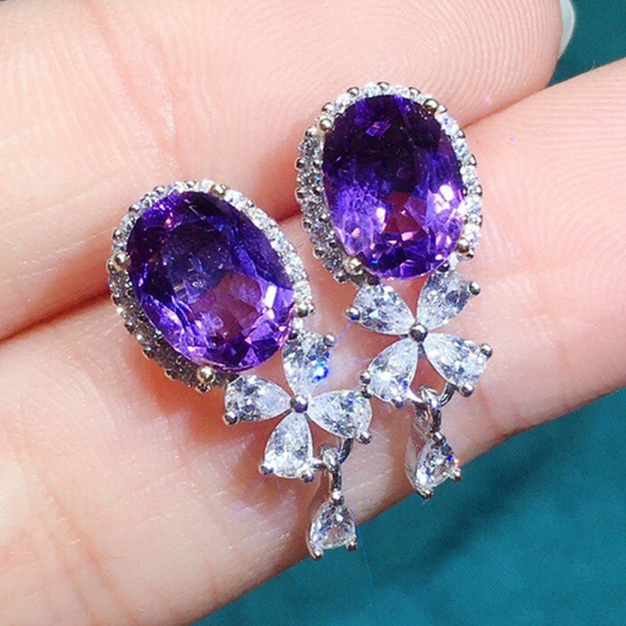 Sparkling Purple Amethyst Drop Earrings, Fashion Simple Short Luxury Dangle Jewelry For Women