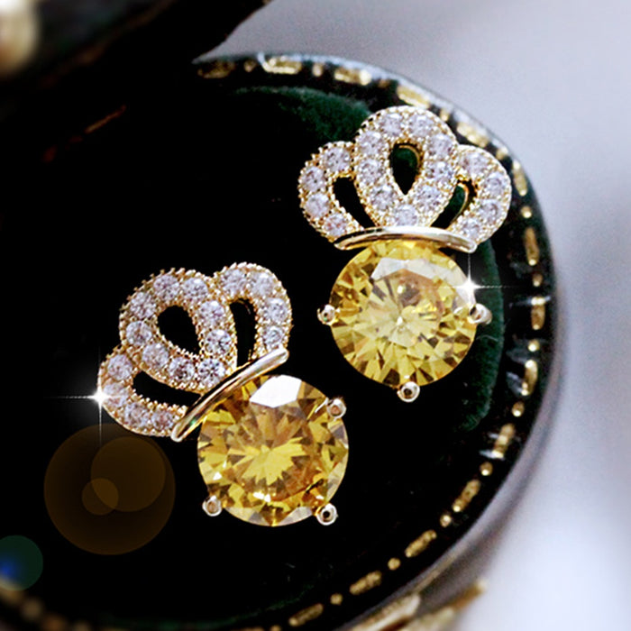 Japanese Korean Sparkling Zircon Crown Stud Earrings, Trendy Style Fashion Earrings For Women