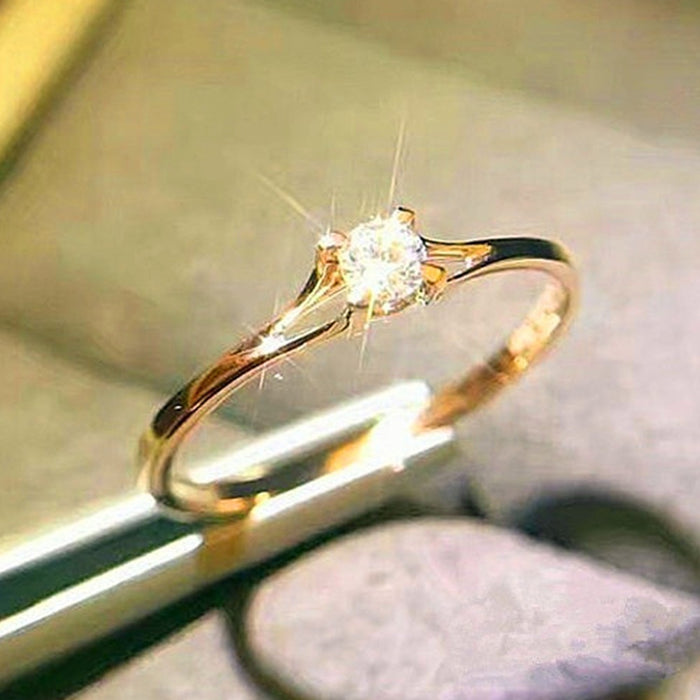 Classic Four Prong Zircon Women's Ring, Copper White Gold Plated Minimalist Engagement Jewelry