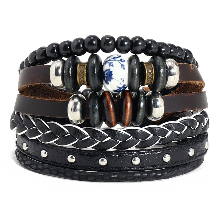 Simple Handmade Braided Multilayer Leather Bracelet 3 Piece DIY Set Vintage Accessory