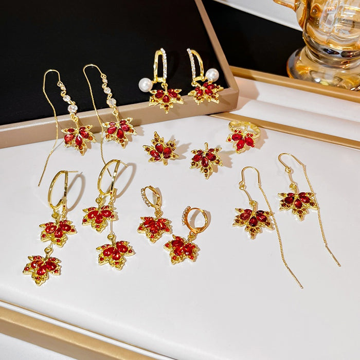 Elegant Luxury Red Zircon Maple Leaf Tassel Threader Alloy Crystal Pearl Stud Hoop Ring Earrings