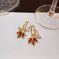 Elegant Luxury Red Zircon Maple Leaf Tassel Threader Alloy Crystal Pearl Stud Hoop Ring Earrings view 4