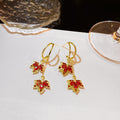 Elegant Luxury Red Zircon Maple Leaf Tassel Threader Alloy Crystal Pearl Stud Hoop Ring Earrings view 3