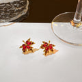 Elegant Luxury Red Zircon Maple Leaf Tassel Threader Alloy Crystal Pearl Stud Hoop Ring Earrings view 2
