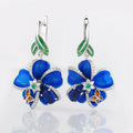 Blue Enamel Butterfly Flower Drop Earrings With Resin Petals And Rhinestone Ear Cuffs view 1