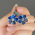 Blue Enamel Butterfly Flower Drop Earrings With Resin Petals And Rhinestone Ear Cuffs view 3