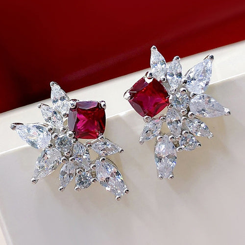 2024 Shiny Floral Marquise Stud Earrings With Red Zircon, Simple Versatile Women Jewelry