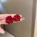 Flocked Red Flower Stud Earrings With Silver Needles, French Vintage Winter Floral Jewelry view 4