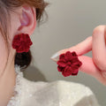 Flocked Red Flower Stud Earrings With Silver Needles, French Vintage Winter Floral Jewelry view 1
