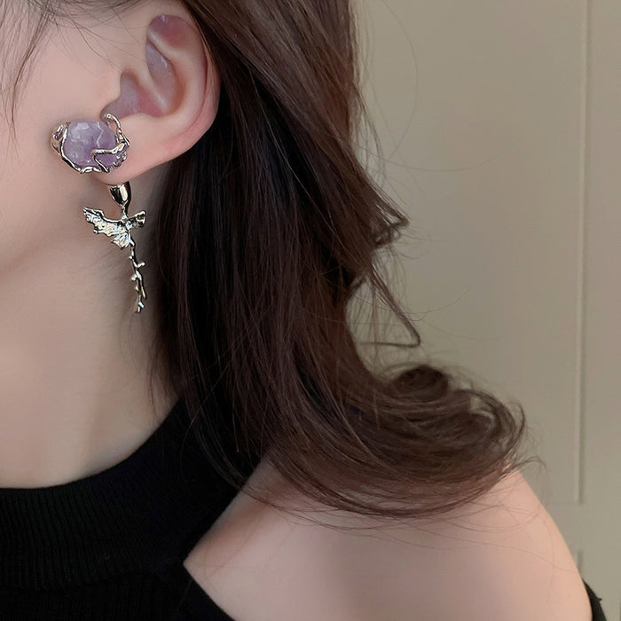 Korean Style Metal Rose Flower Double Sided Faux Amethyst Stud Earrings For Women