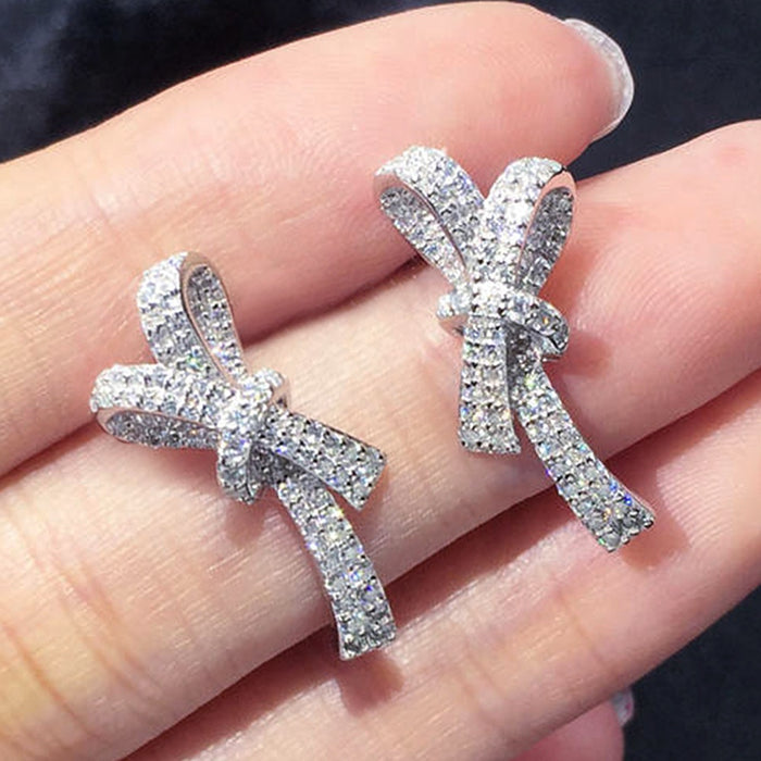 Luxury Bowknot Stud Earrings For Women Full Zircon Inlaid Butterfly Bow Earrings