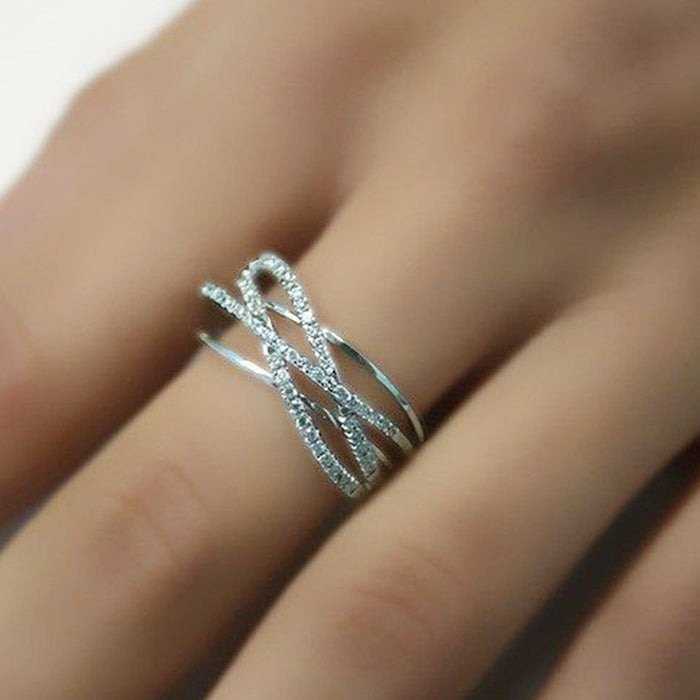 Luxury Geometric Line Cross Ring, Niche Personality Sparkling Zircon Women's Finger Jewelry