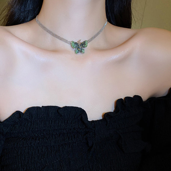 Korean Style Metal Butterfly Choker Necklace With Faux Crystal Pendant For Women