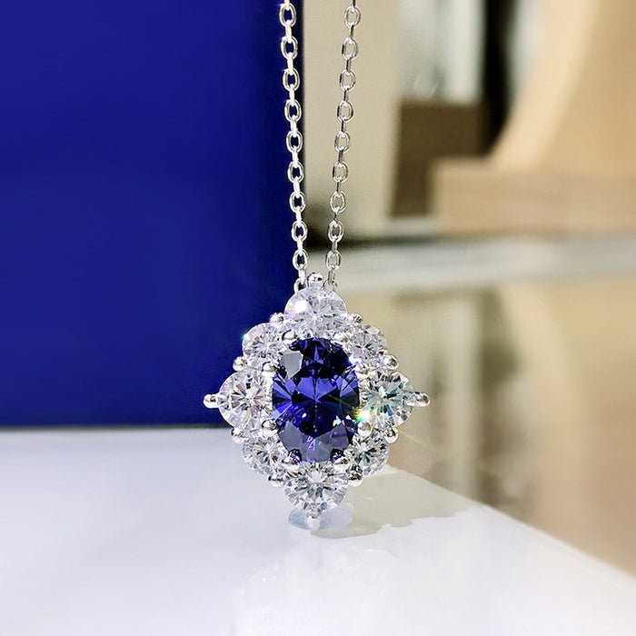 Royal Blue Zircon Floral Necklace For Women, Elegant Geometric Pendant Collar Jewelry