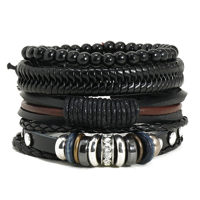 Simple Braided Black Leather Bracelet 4 Piece DIY Set For Men And Women
