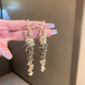 Korean Style Metal Flower Rhinestone Crystal Tassel Drop Earrings For Elegant Office Looks view 1