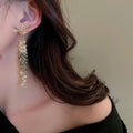 Korean Style Metal Flower Rhinestone Crystal Tassel Drop Earrings For Elegant Office Looks view 2
