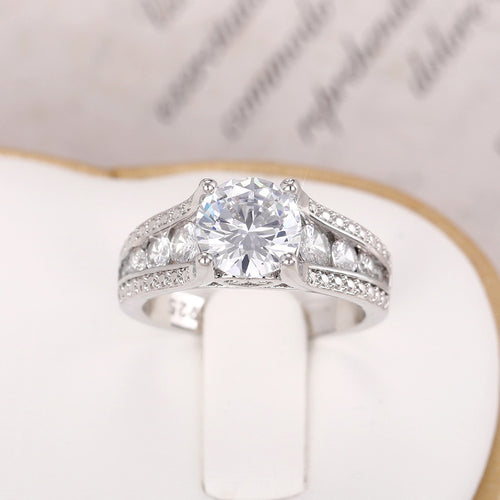 Classic Four Prong Round Zircon Geometric Ring, Fashion Party Matching Finger Jewelry For Women