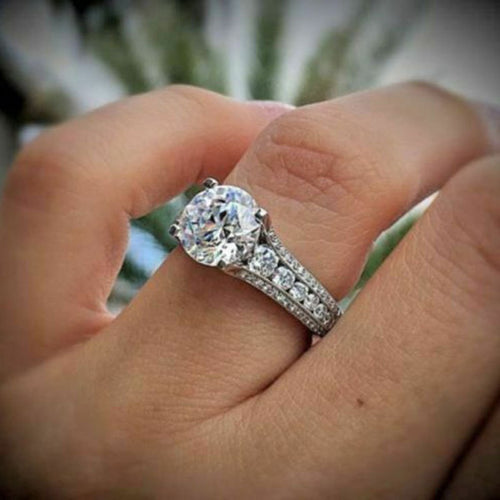 Classic Four Prong Round Zircon Geometric Ring, Fashion Party Matching Finger Jewelry For Women