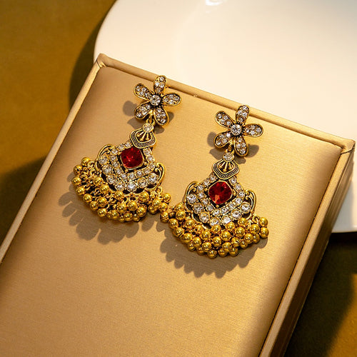 Luxury Vintage Flower Rhinestone Red Crystal Alloy Gold Beaded Chandelier Drop Stud Earrings