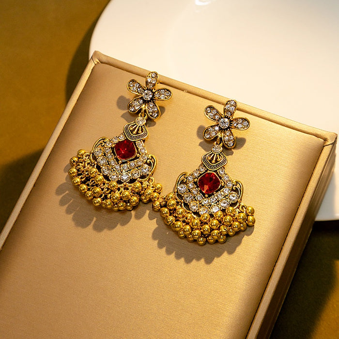 Luxury Vintage Flower Rhinestone Red Crystal Alloy Gold Beaded Chandelier Drop Stud Earrings