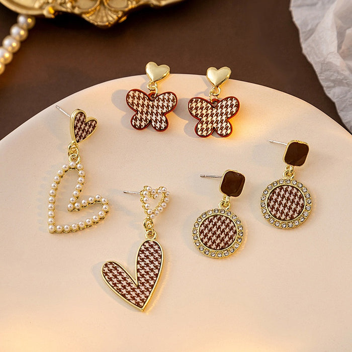 Vintage Houndstooth Fabric Heart Butterfly Pearl Rhinestone Asymmetric Alloy Drop Earrings