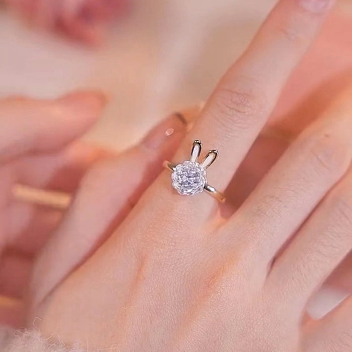 Korean Rotating Zircon Rabbit Open Ring For Women