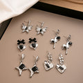 Vintage Black Rhinestone Heart Bow Butterfly Alloy Silver Needle Sweet Cool Stud Drop Earrings view 1