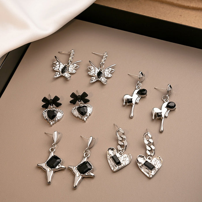 Vintage Black Rhinestone Heart Bow Butterfly Alloy Silver Needle Sweet Cool Stud Drop Earrings