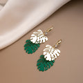 Elegant Hollow Monstera Leaf Alloy Enamel Rhinestone Hook Dangle Statement Women's Fashion Earrings view 3