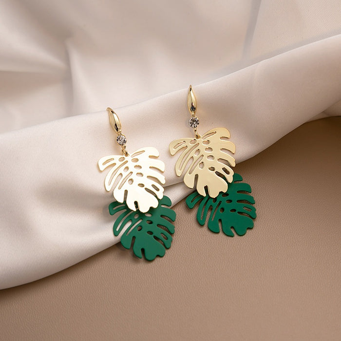Elegant Hollow Monstera Leaf Alloy Enamel Rhinestone Hook Dangle Statement Women's Fashion Earrings