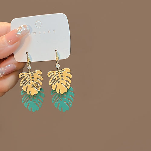 Elegant Hollow Monstera Leaf Alloy Enamel Rhinestone Hook Dangle Statement Women's Fashion Earrings