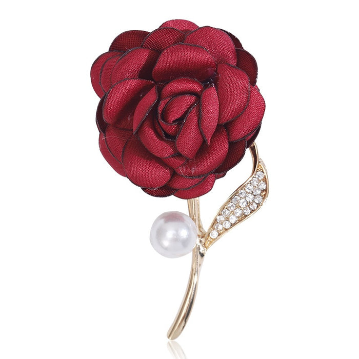 Fabric Pearl Rhinestone Rose Brooch Pin For Wedding Dress Decoration