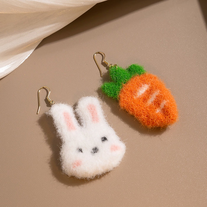 Cute Cartoon Rabbit And Carrot Fuzzy Plush Drop Hook Alloy Sweet Fashion Women Girls Earrings
