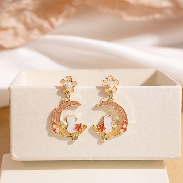Elegant Alloy Enamel Crescent Moon Rabbit Flower Pearl Drop Studs For Women Fashion Earrings