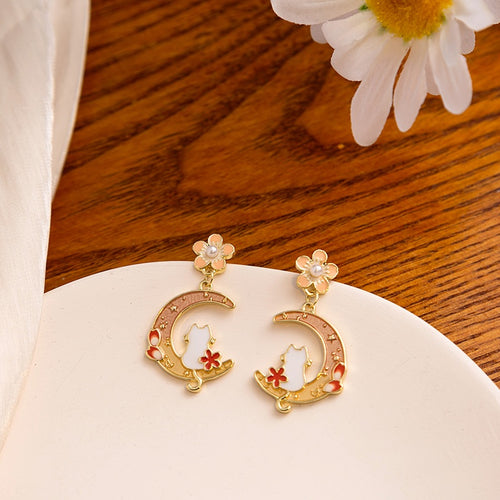 Elegant Alloy Enamel Crescent Moon Rabbit Flower Pearl Drop Studs For Women Fashion Earrings