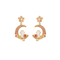 Elegant Alloy Enamel Crescent Moon Rabbit Flower Pearl Drop Studs For Women Fashion Earrings view 5