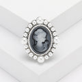 Vintage Alloy Relief Lady Head Brooch With Rhinestone Pearl Accents view 2