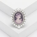 Vintage Alloy Relief Lady Head Brooch With Rhinestone Pearl Accents view 4