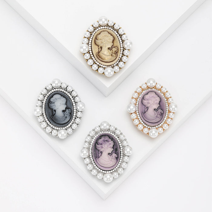 Vintage Alloy Relief Lady Head Brooch With Rhinestone Pearl Accents