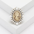 Vintage Alloy Relief Lady Head Brooch With Rhinestone Pearl Accents view 3