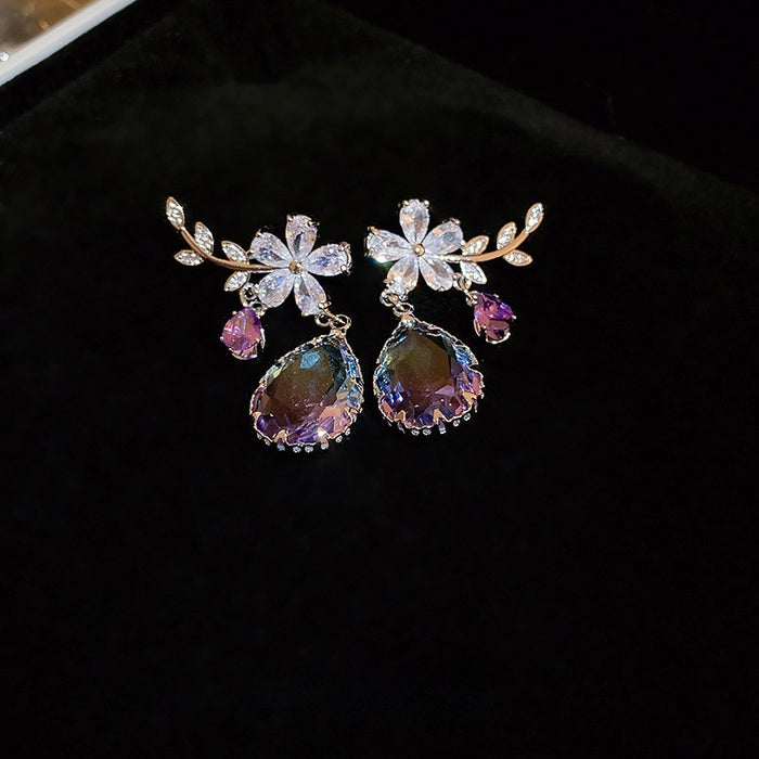 New Chinese Style Crystal Flower Branch Drop Earrings With Silver Needle Elegant Rhinestone Ear Jewelry