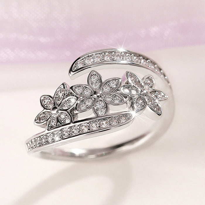 Adjustable Copper Inlaid Zircon Flower Index Finger Ring For Women, Jewelry