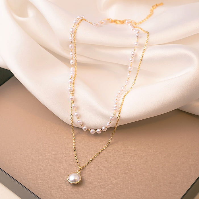 Korean Trendy Double Layer Chain Pearl Spliced Pendant Necklace Elegant Light Luxury Jewelry For Women