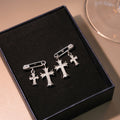 Vintage Rhinestone Cross Safety Pin Drop Stud Earrings For Women Creative Luxury Alloy Pendant Earrings view 4
